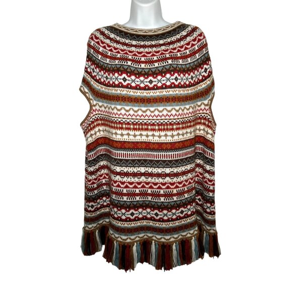 Carolina K Alpaca Wool Fringe Poncho Sweater Multicolor Geometric Medium Boho - Picture 3 of 14